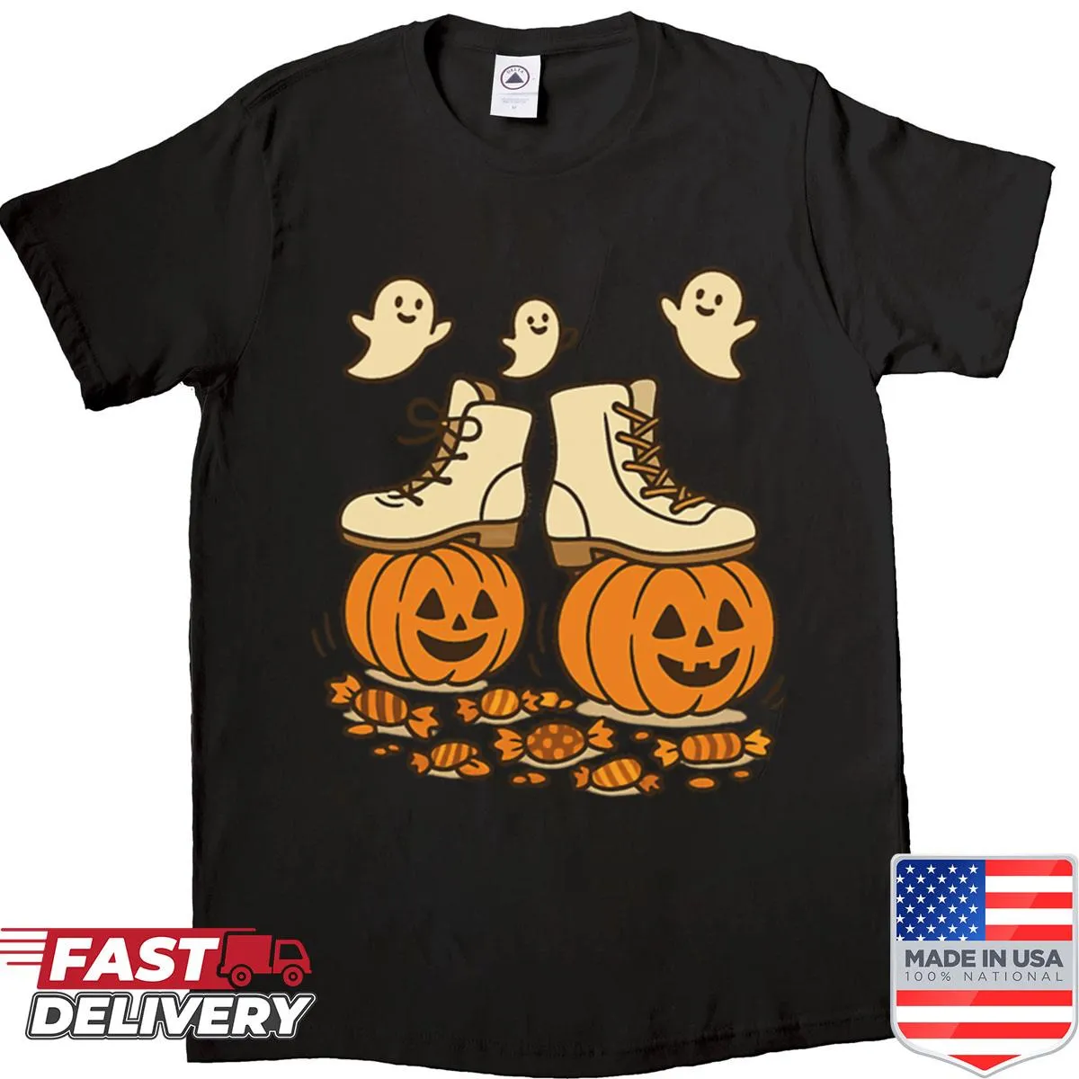 Playful shirt featuring pumpkins ice skating, celebrating autumn.