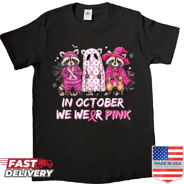 Cute Halloween shirt with pink raccoon design for breast cancer awareness