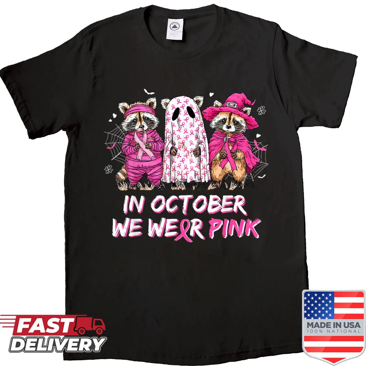 Cute Halloween shirt with pink raccoon design for breast cancer awareness