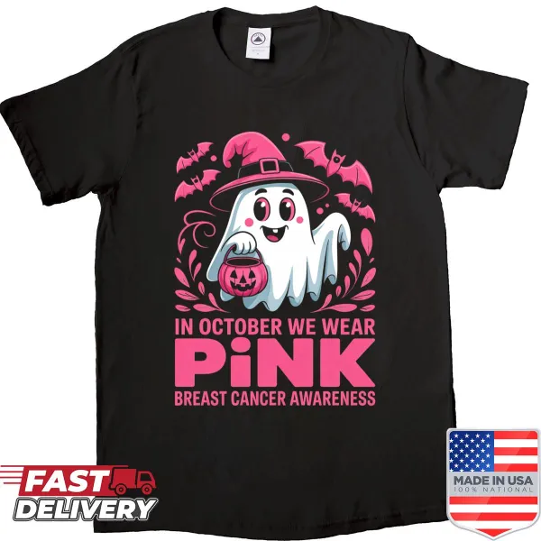 Halloween shirt with pink ghost and breast cancer awareness message