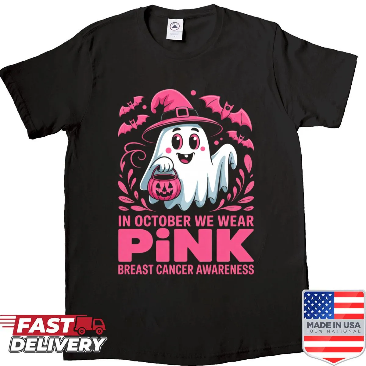 Halloween shirt with pink ghost and breast cancer awareness message
