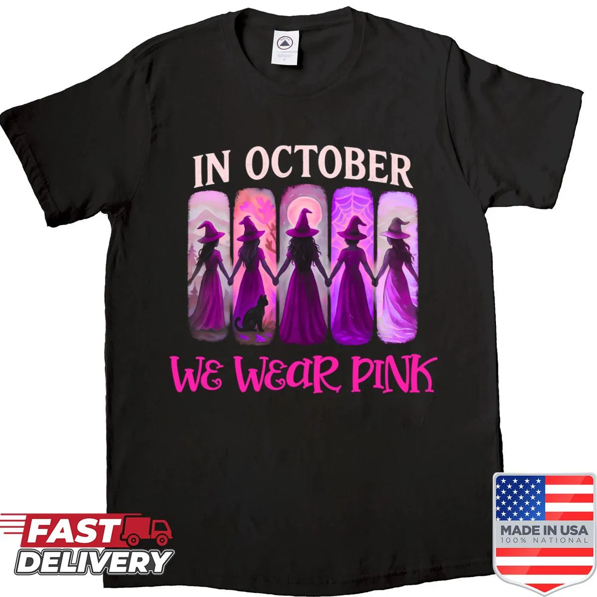 Witch graphic shirt for Halloween and breast cancer awareness