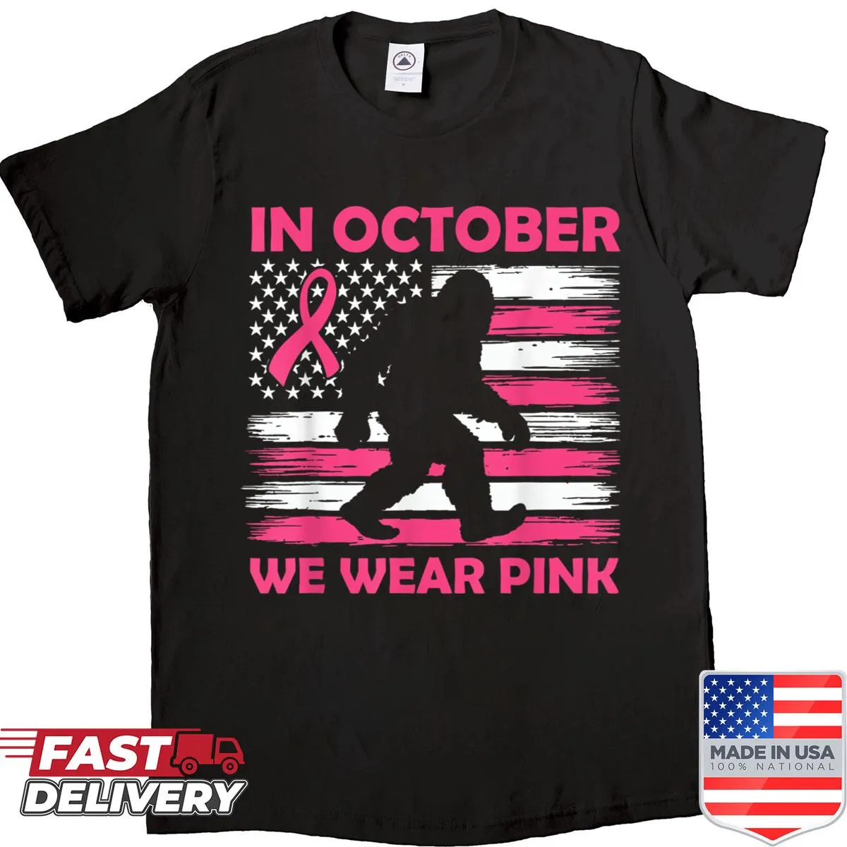 Bigfoot holding pink ribbon for breast cancer awareness shirt