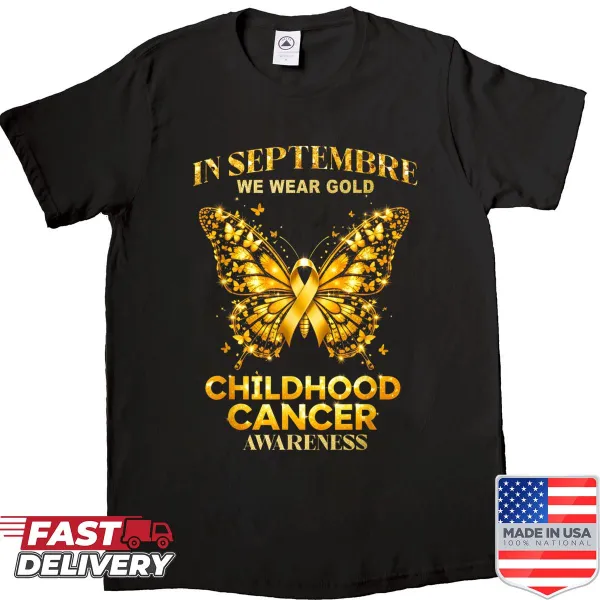 Childhood cancer awareness shirt for kids with 'In September We Wear Gold'