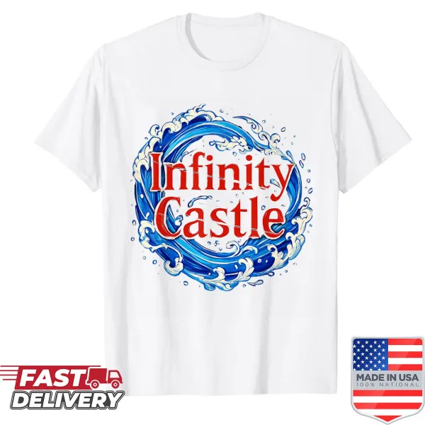T-shirt featuring an illustration of an infinite castle in a whimsical style.