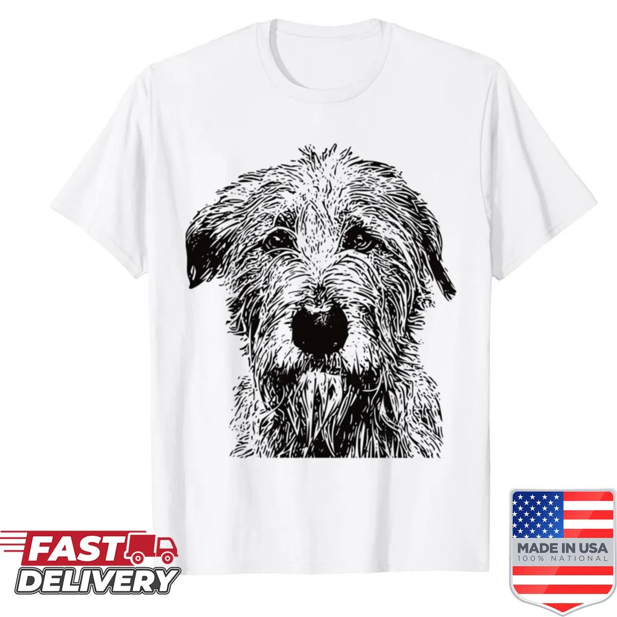 T-shirt featuring an illustration of an Irish Wolfhound