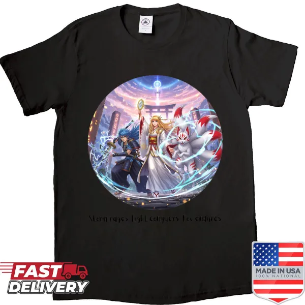 Illustrated shirt featuring Amaterasu, Susanoo, and a Kitsune from mythology