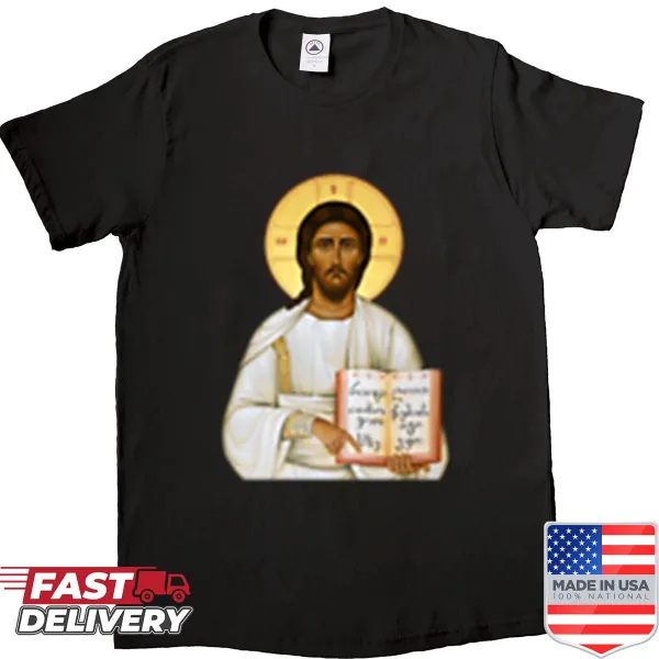 T-shirt featuring a prominent depiction of Jesus Christ