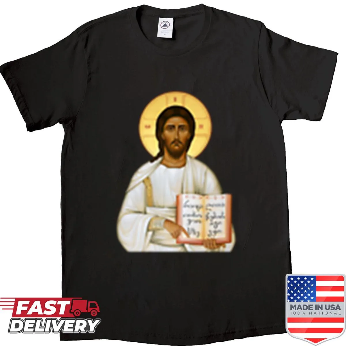 T-shirt featuring a prominent depiction of Jesus Christ