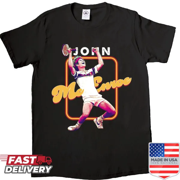 Illustration of John McEnroe playing tennis on a shirt.