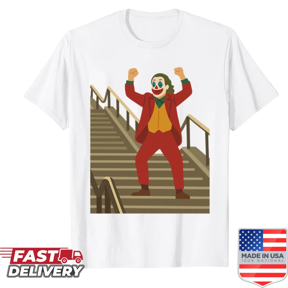 Minimalist shirt depicting the Joker stairs dance scene in a stylish illustration.