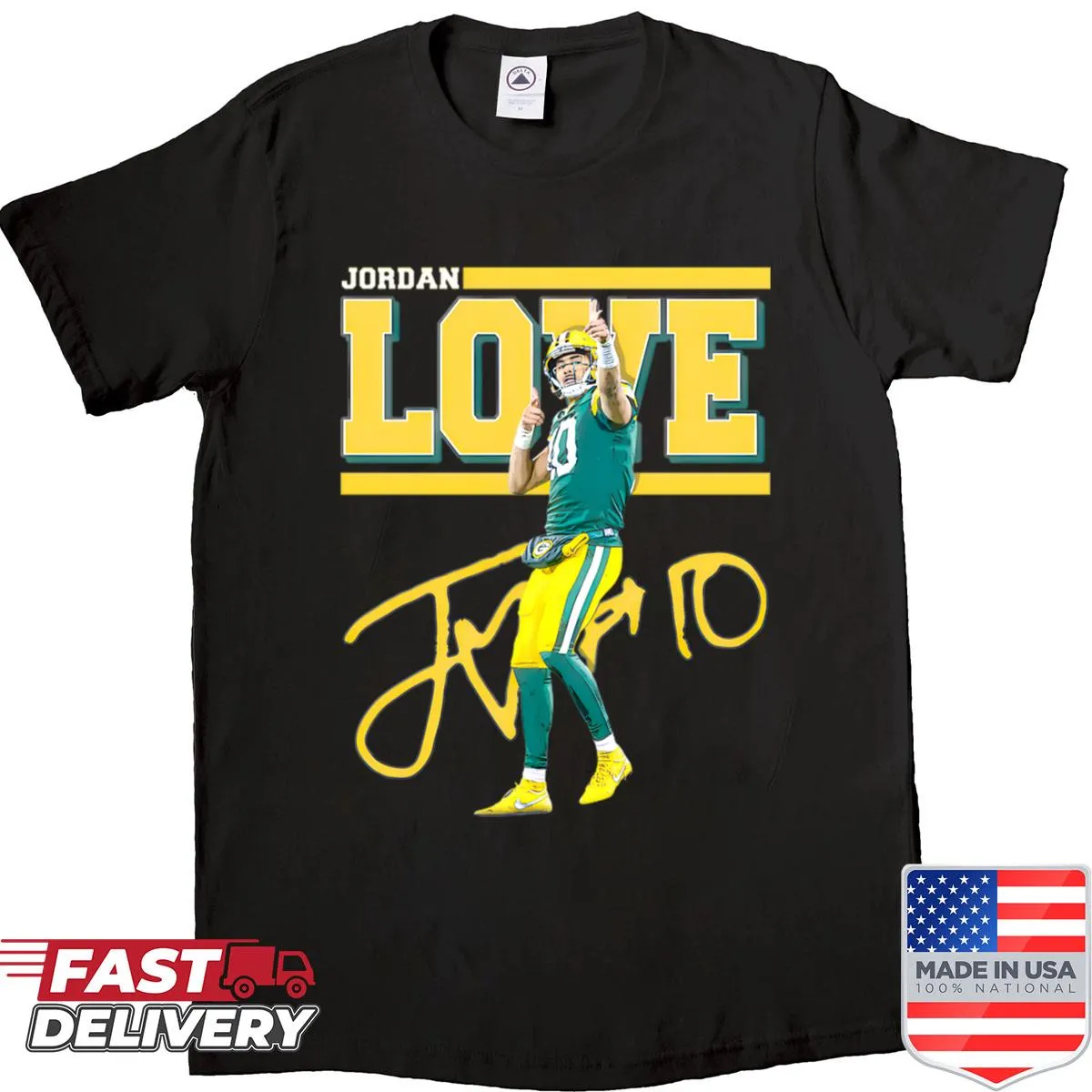 Illustrated Jordan Love graphic on a Green Bay Packers shirt