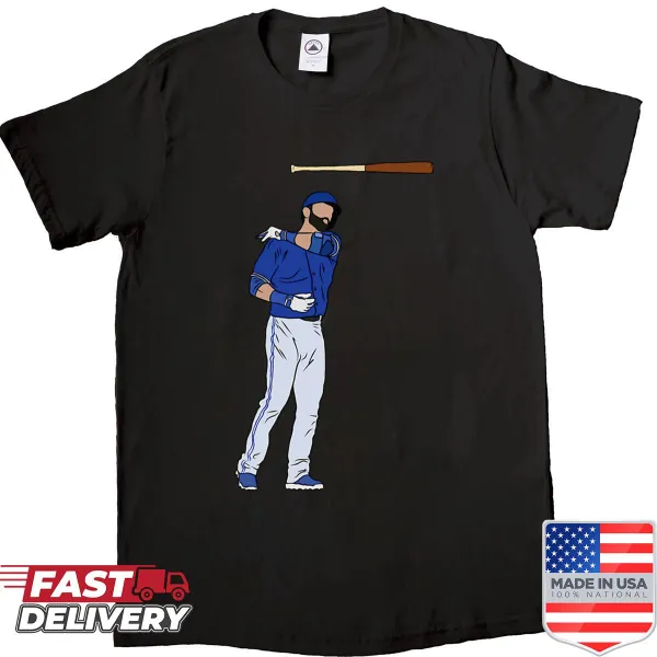 Illustration of Jose Bautista performing a bat flip on a shirt.