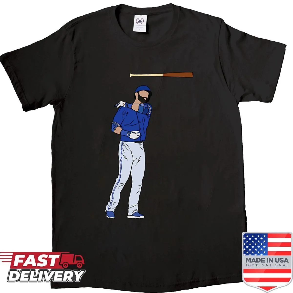 Illustration of Jose Bautista performing a bat flip on a shirt.