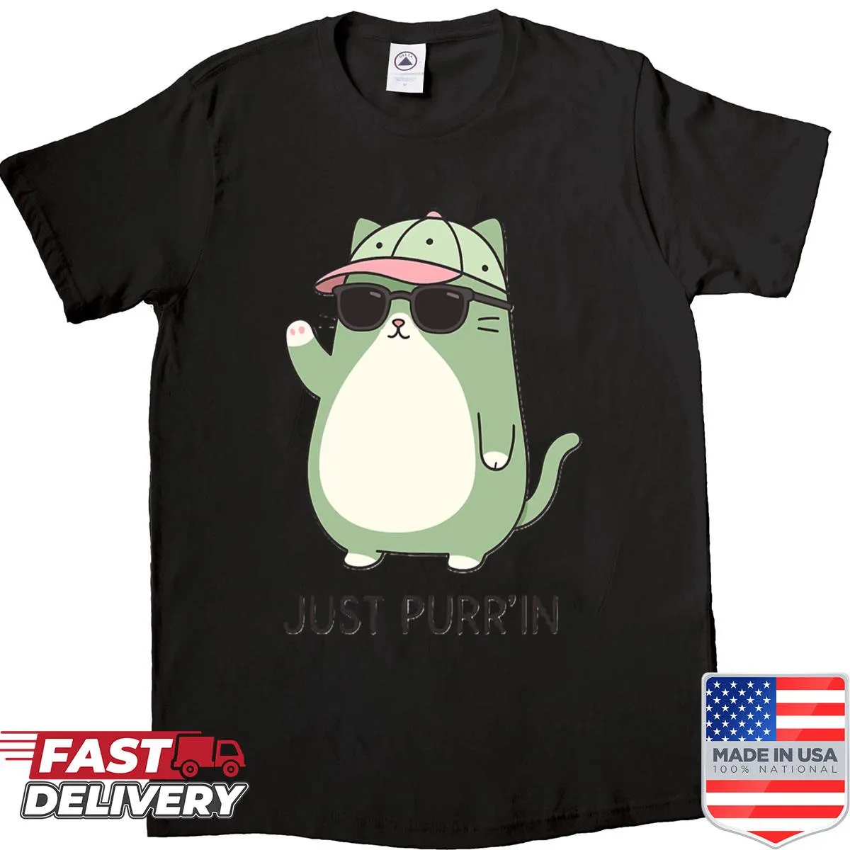 Cartoon cat lounging with text 'Just Purrin' on shirt