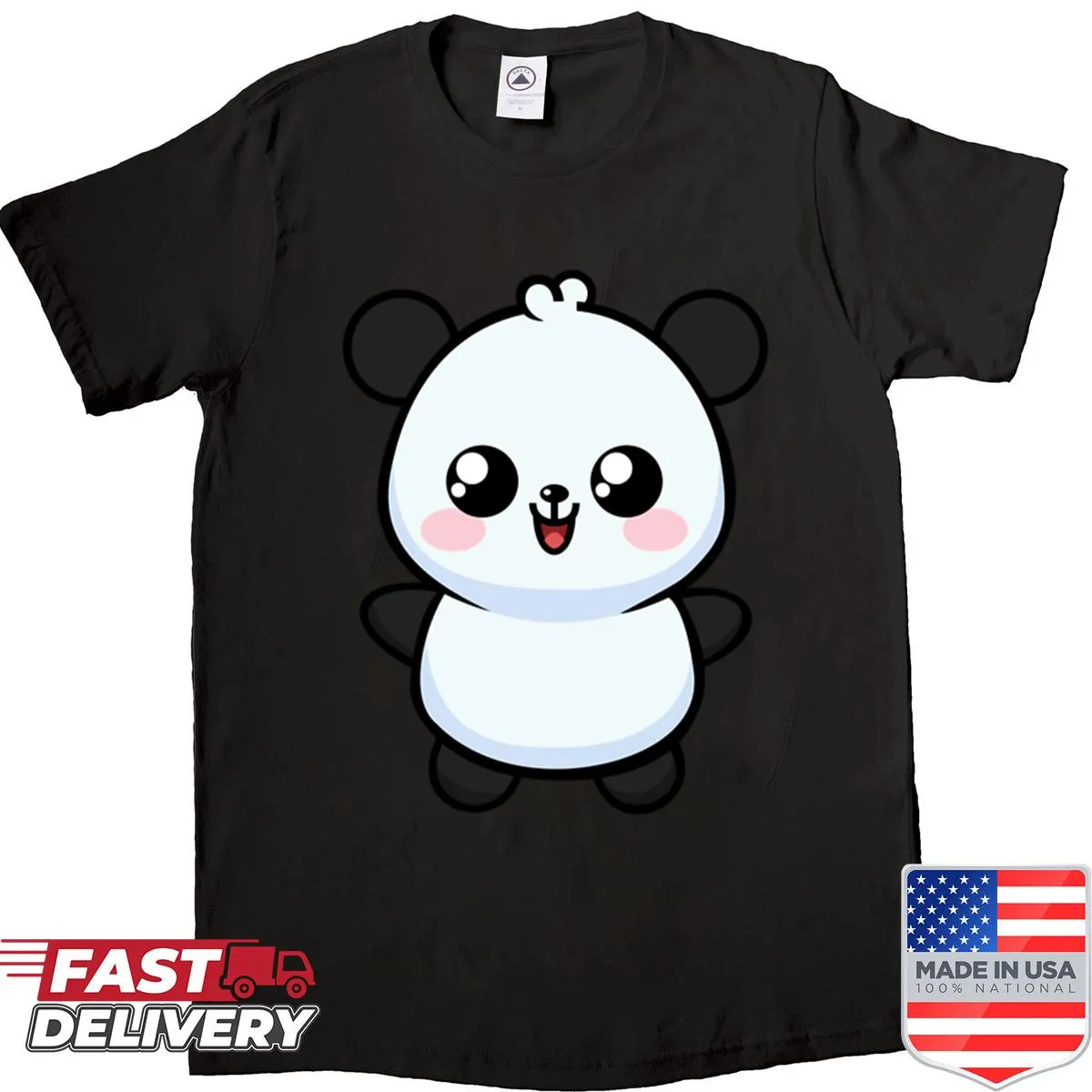 Cartoon panda graphic on a kids' t-shirt, showcasing cuteness and charm