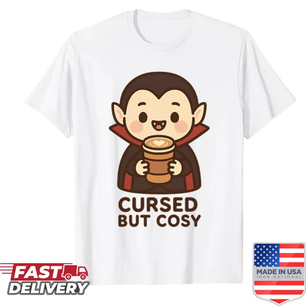 Kawaii shirt with a cute vampire character holding a latte.