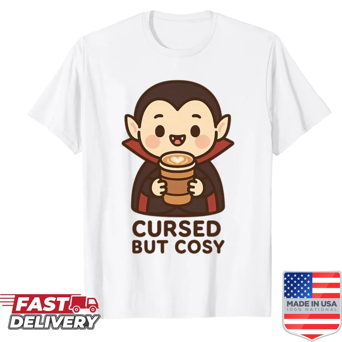 Kawaii shirt with a cute vampire character holding a latte.