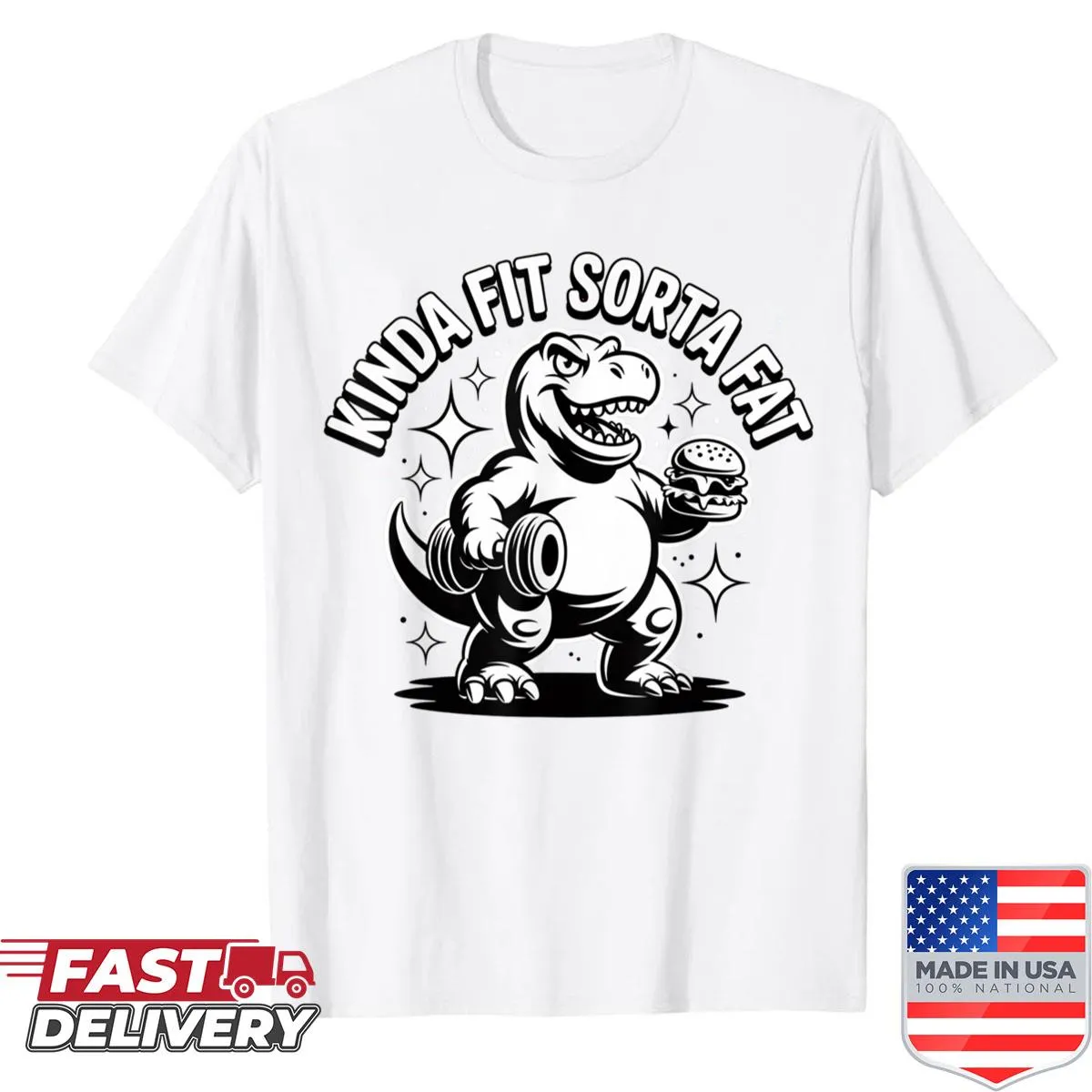 Funny dinosaur shirt featuring Kinda Fit Sorta Fat phrase in cartoon style.