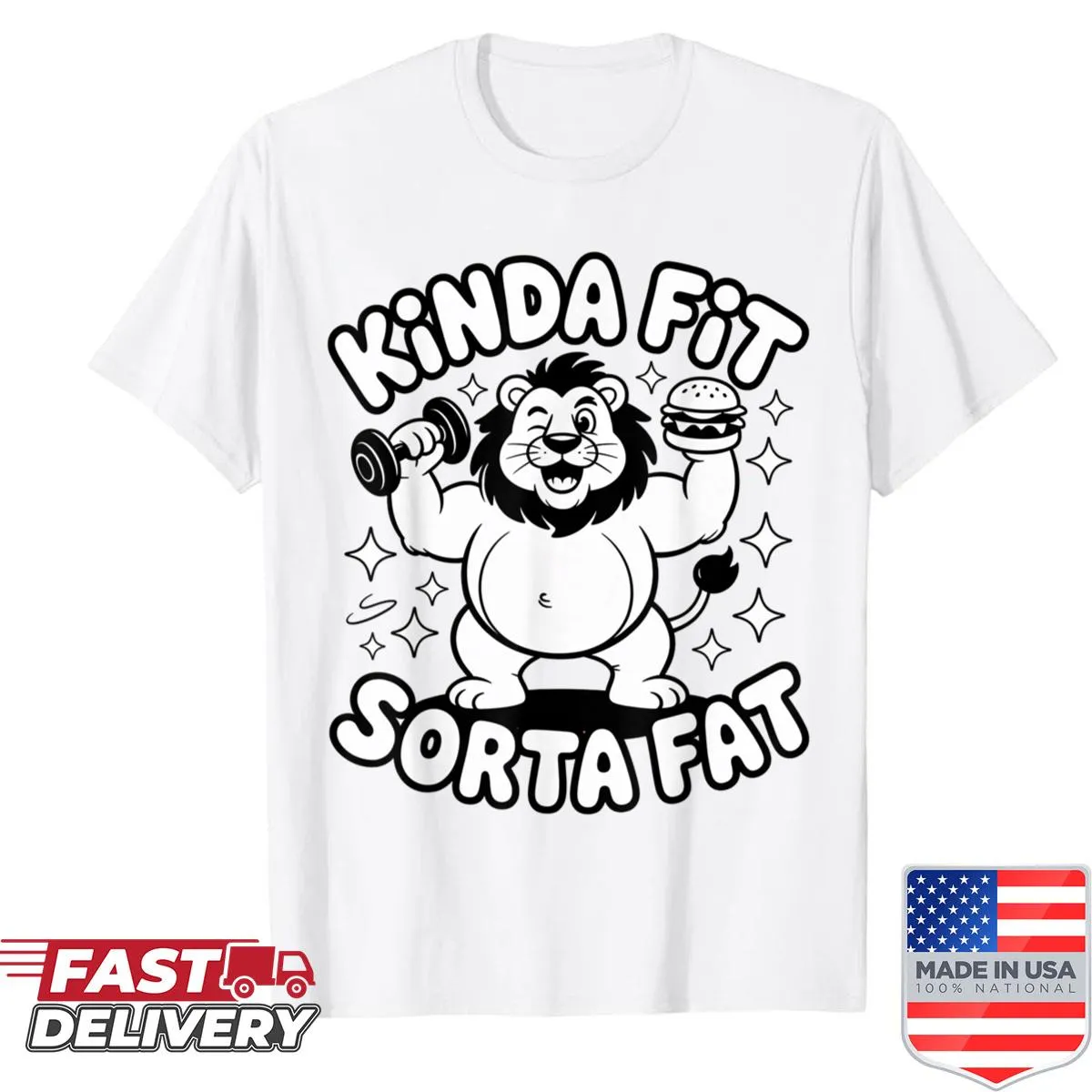 Cartoon lion design on a funny fitness shirt about balance.