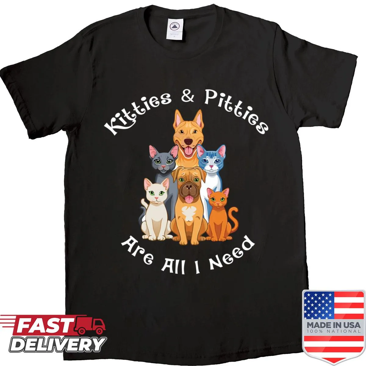 Illustration of cats and pit bulls on a pet-lover's t-shirt