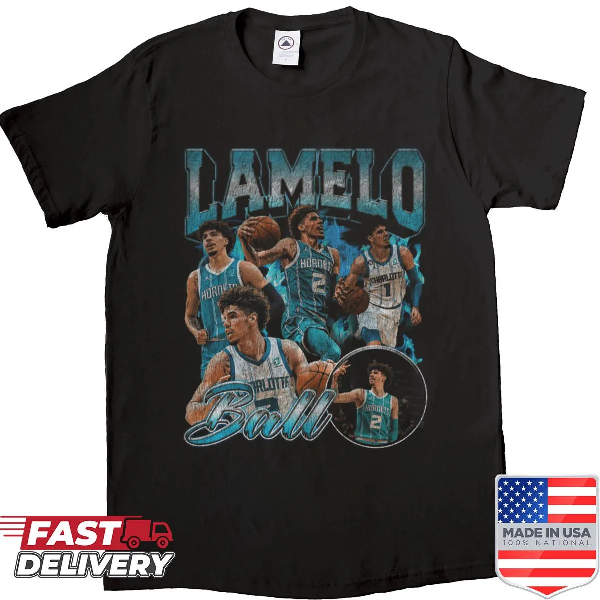 Vintage-style Lamelo Ball Charlotte Hornets t-shirt with bold lettering