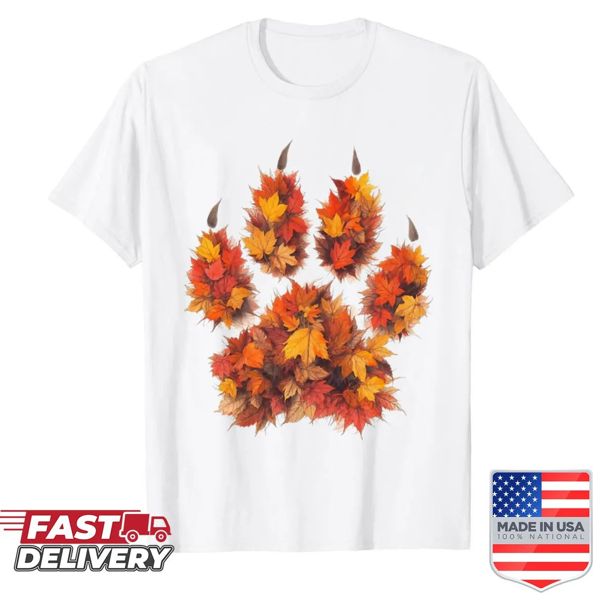 T-shirt with a paw print and leaves illustration