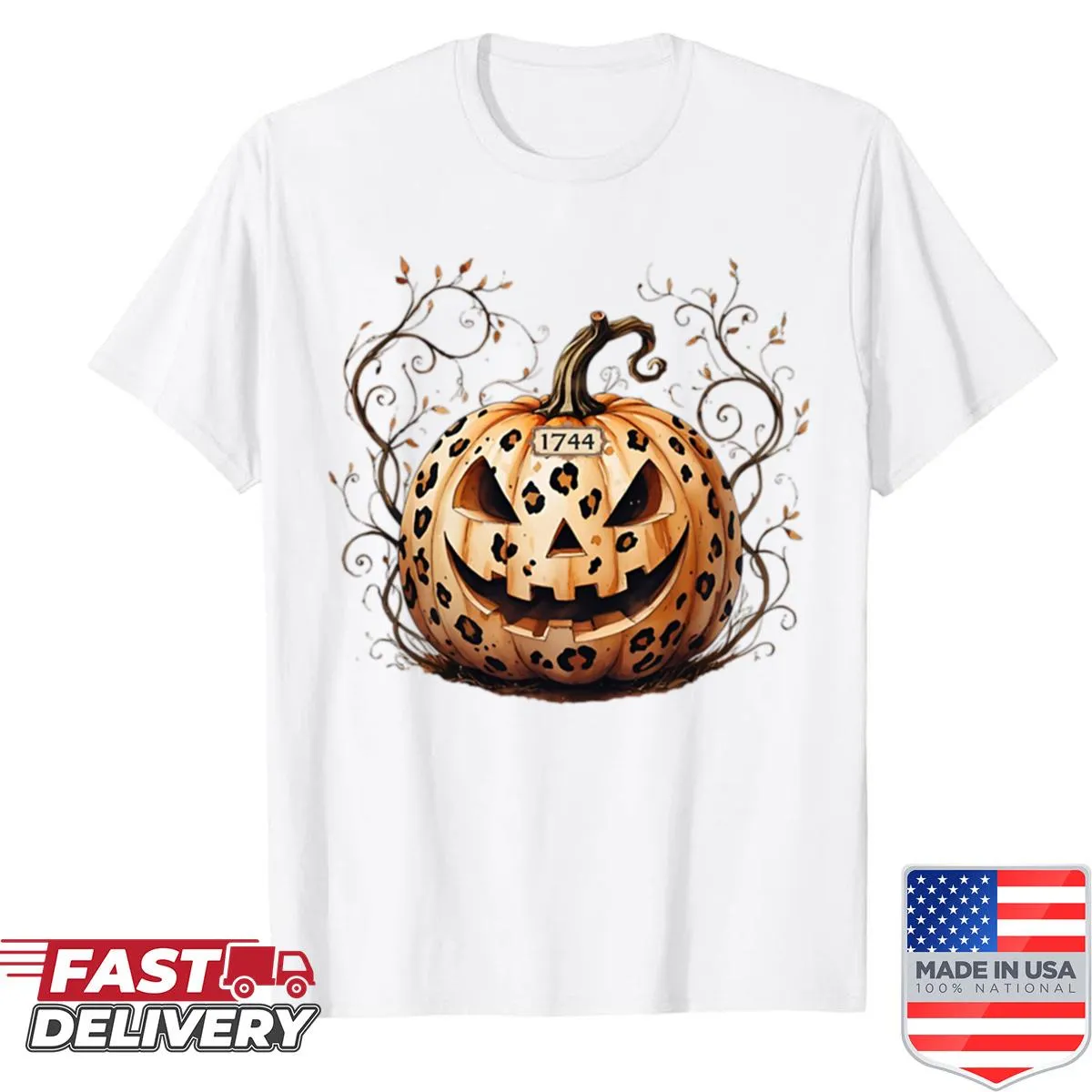 Shirt featuring a playful pumpkin design combined with leopard print