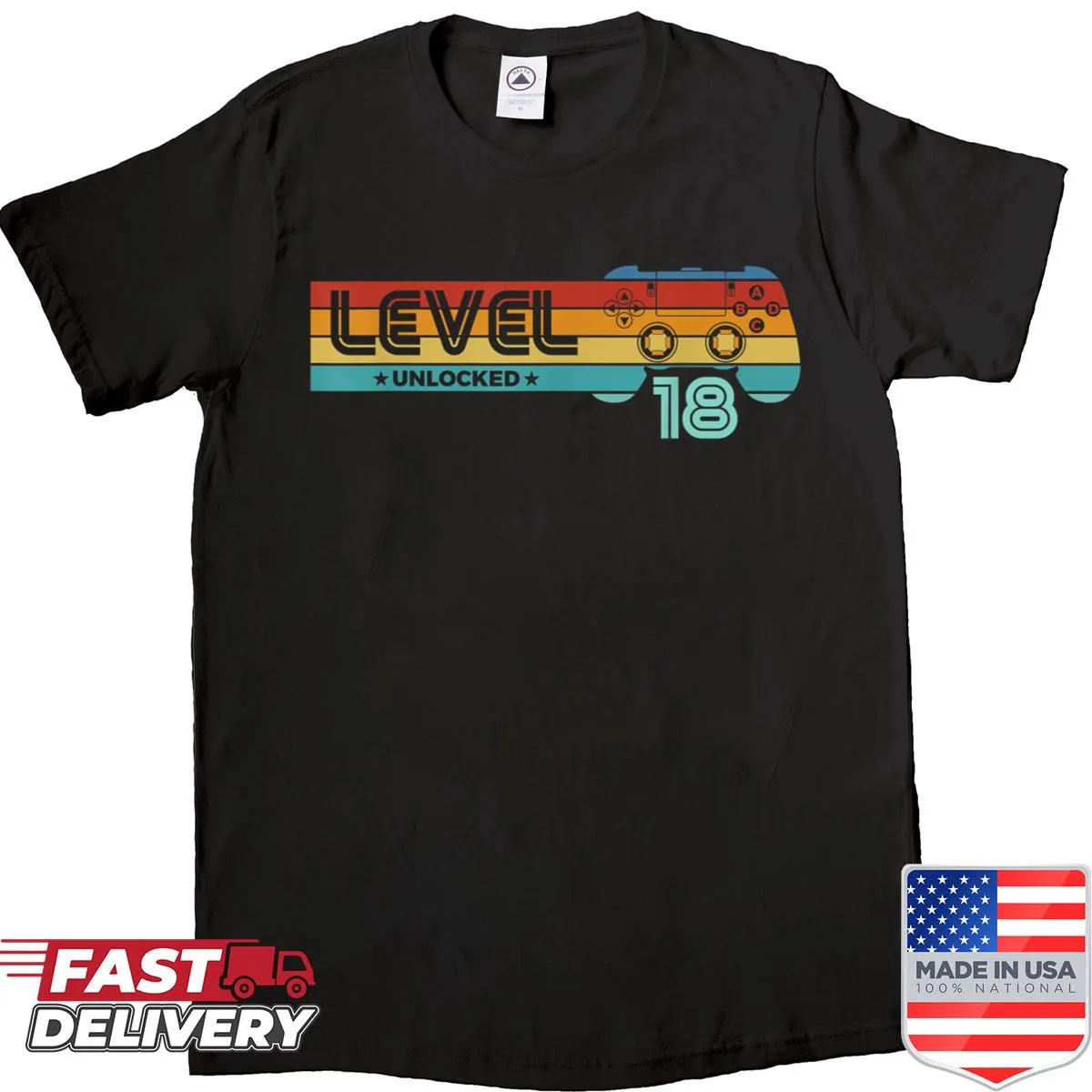 Retro 'Level 18 Unlocked' graphic on a birthday gamer shirt