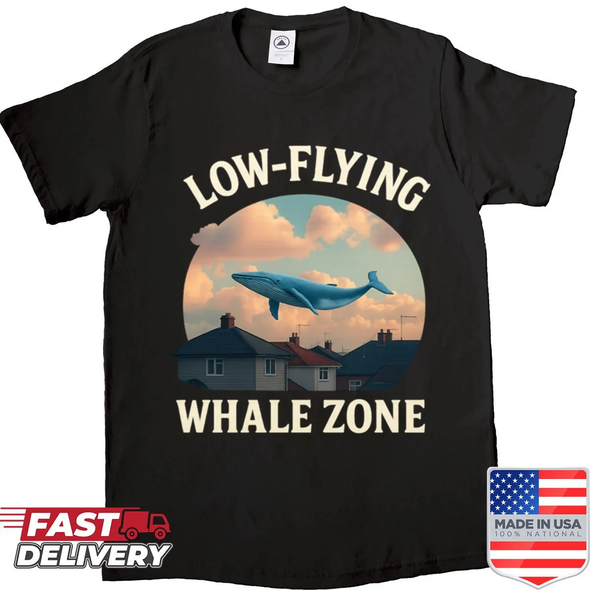 Surreal graphic of a whale flying in the sky on a t-shirt