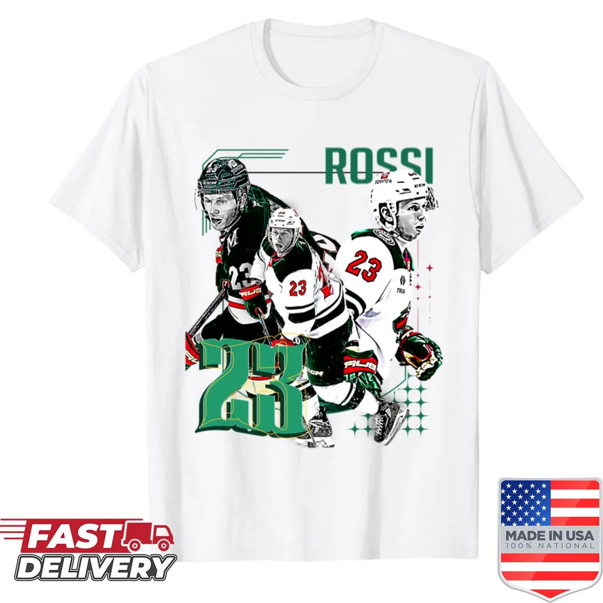 Cartoon hockey player shirt with a dynamic action design