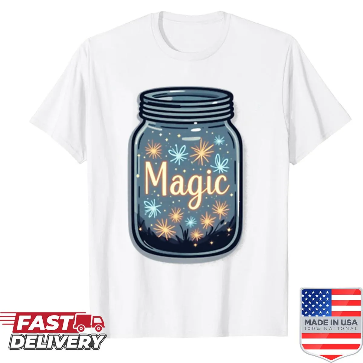 Whimsical shirt with magic jar and stars watercolor design