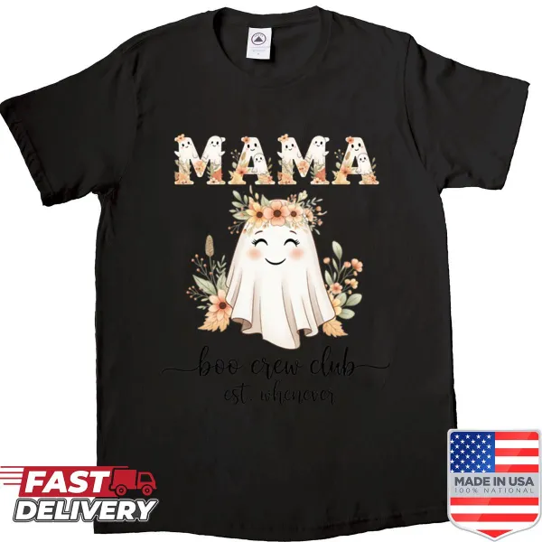 Cute ghosts with flowers and text 'Mama Boo Crew Club' for Halloween.
