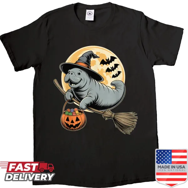 Cute manatee in witch hat and pumpkin Halloween T-shirt