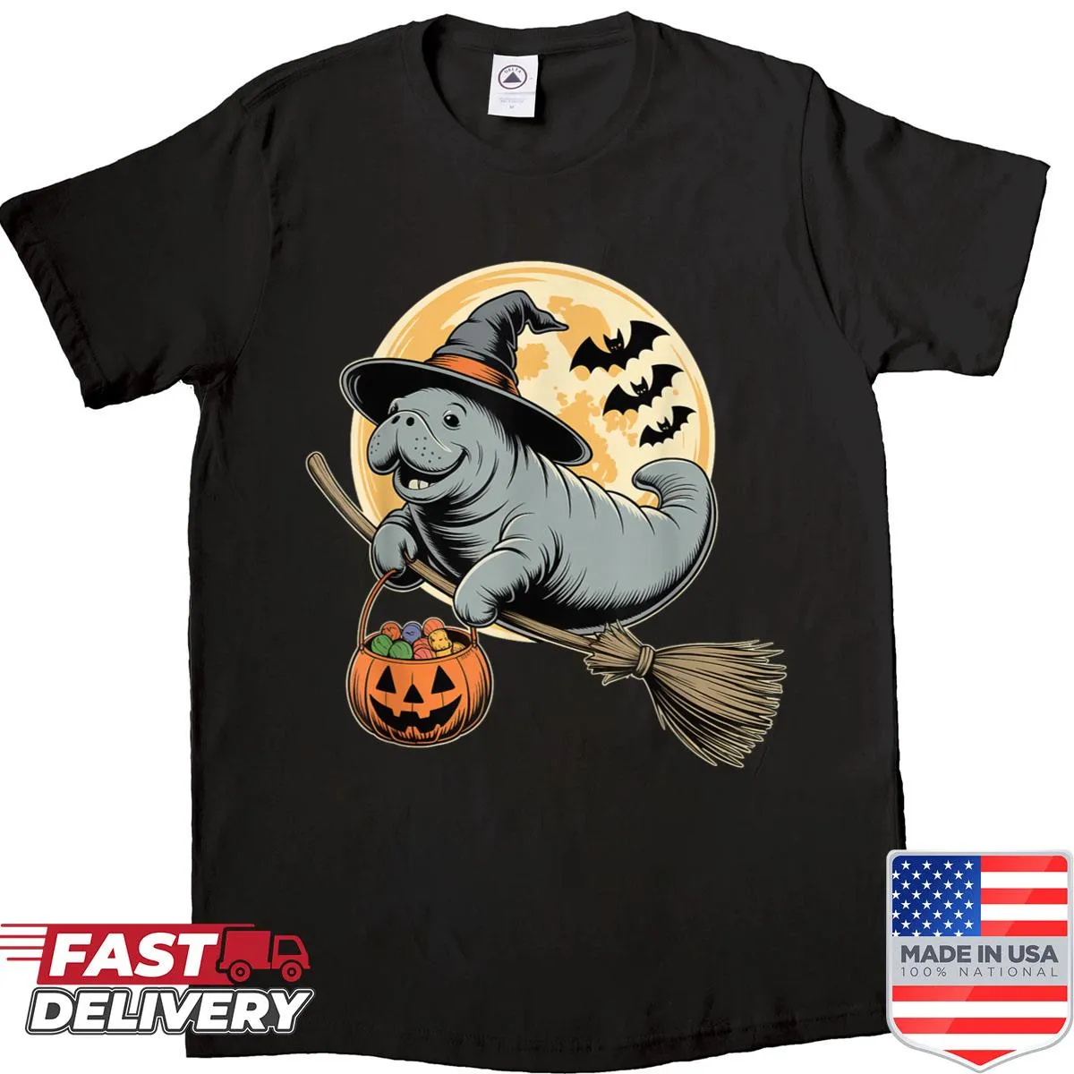 Cute manatee in witch hat and pumpkin Halloween T-shirt