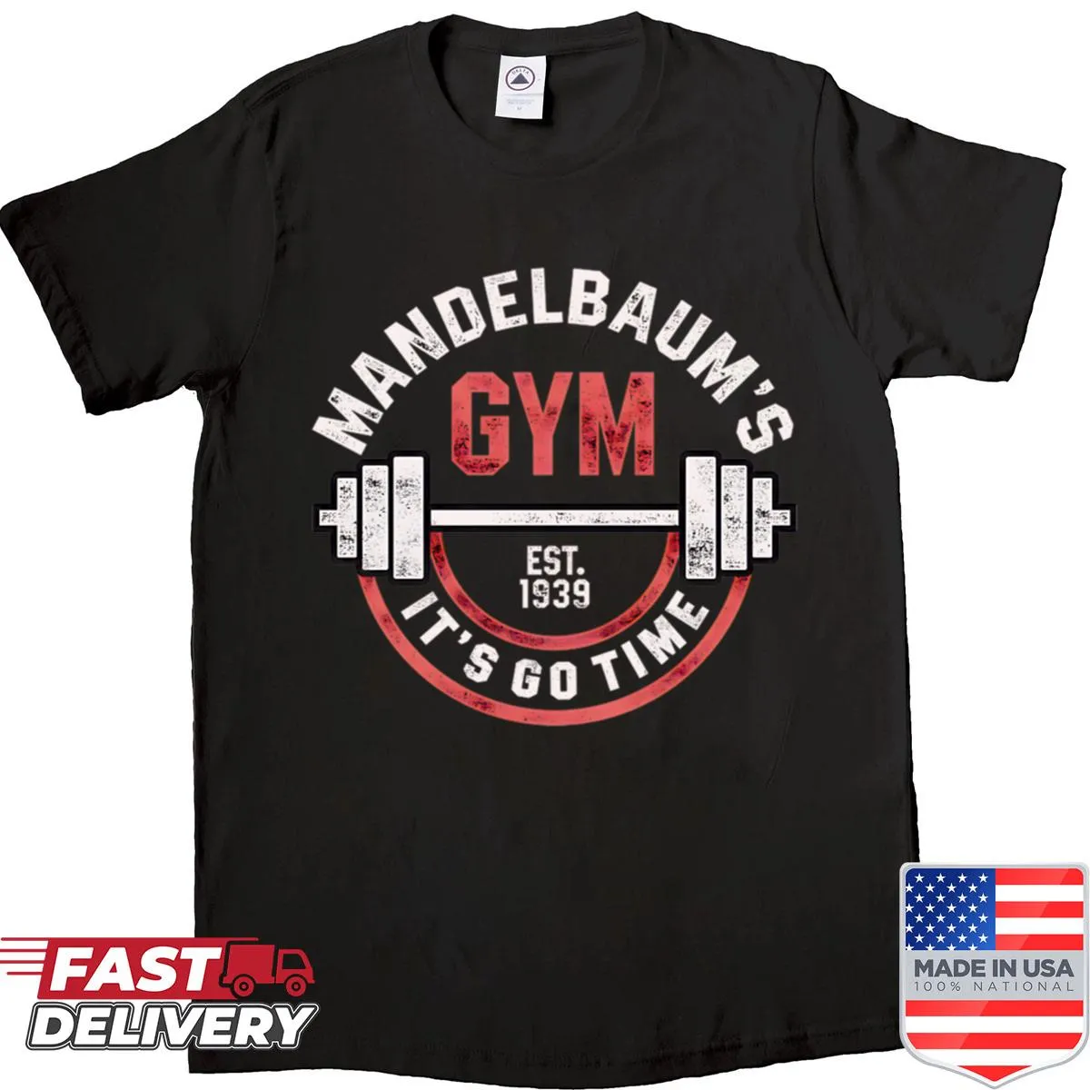 Vintage Mandelbaums Gym shirt with barbell graphic