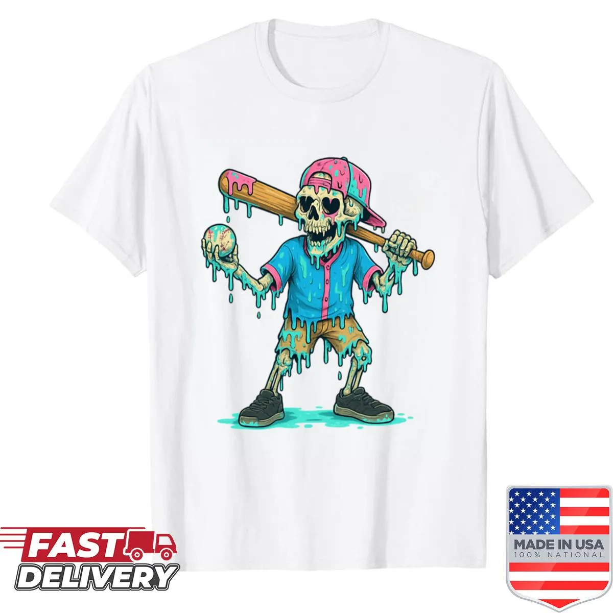 Melting skeleton baseball player graphic oversized shirt