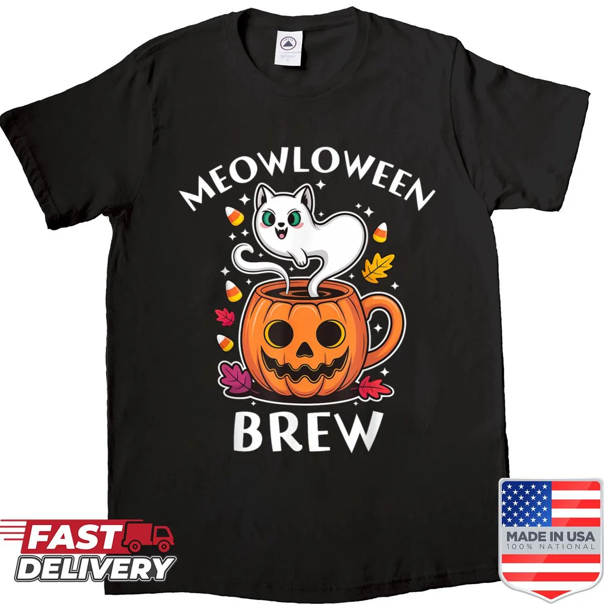 Cute Halloween shirt with ghost cat, pumpkins, and coffee
