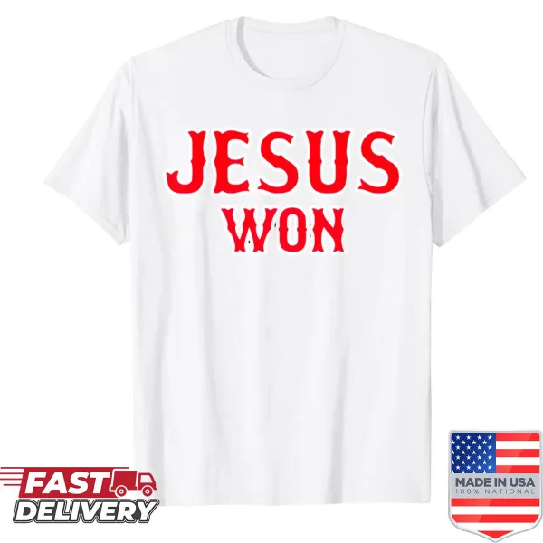 Illustrative shirt featuring Jesus with Mets fans and the phrase Jesus Won