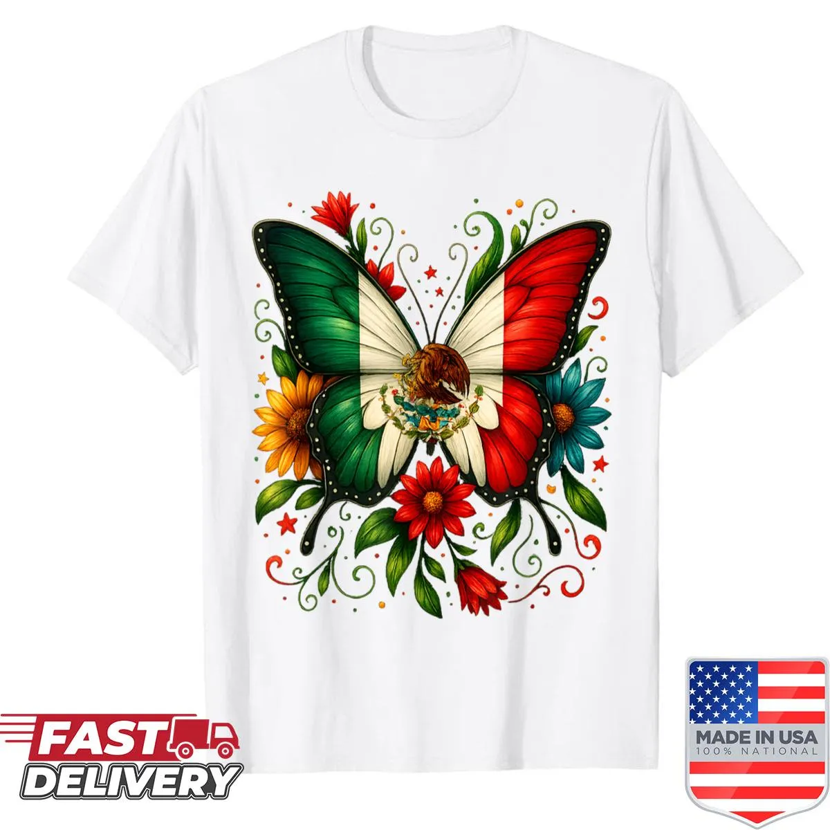Kids' shirt with butterfly and flowers in Mexico flag colors