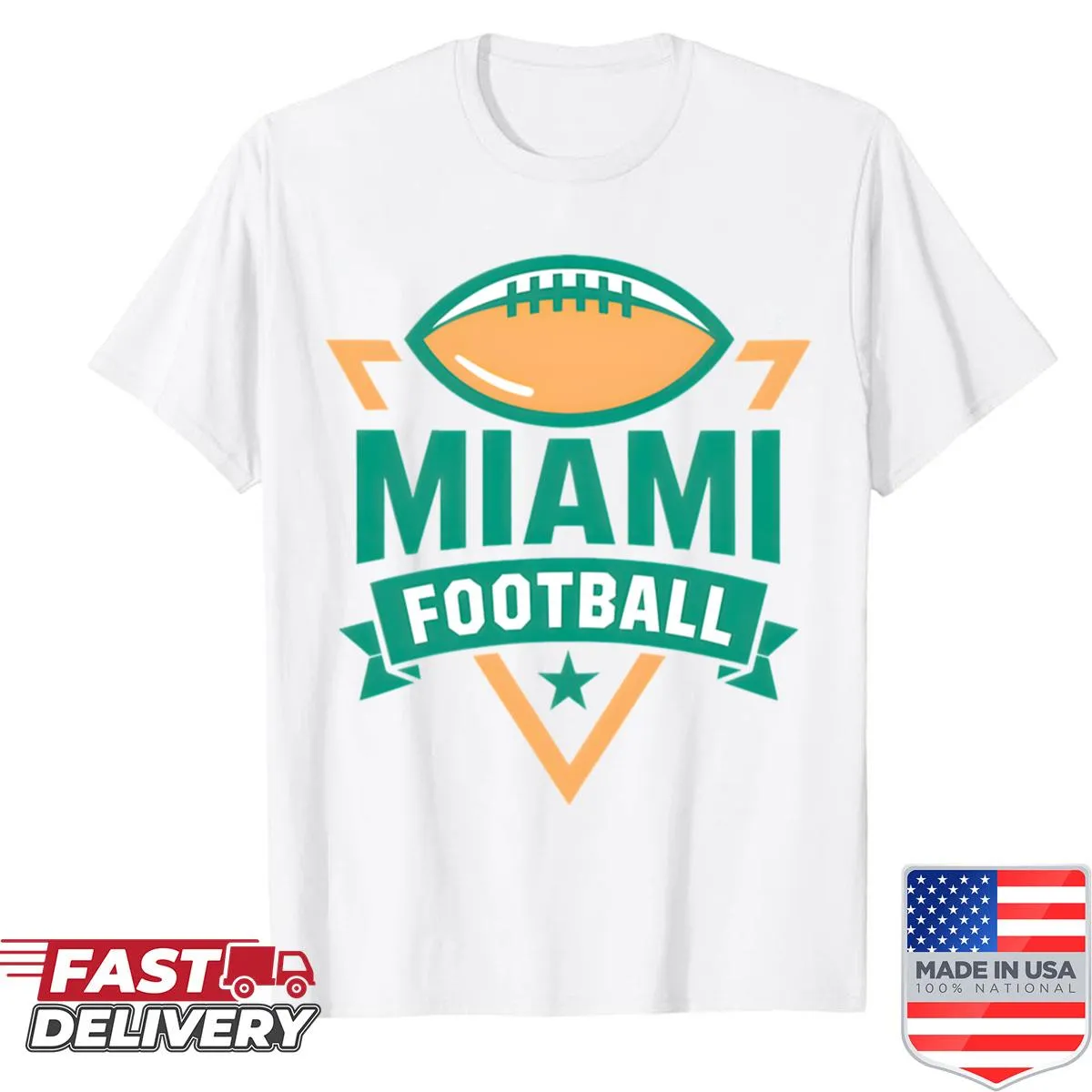 Football crest graphic on a casual Miami-themed shirt.