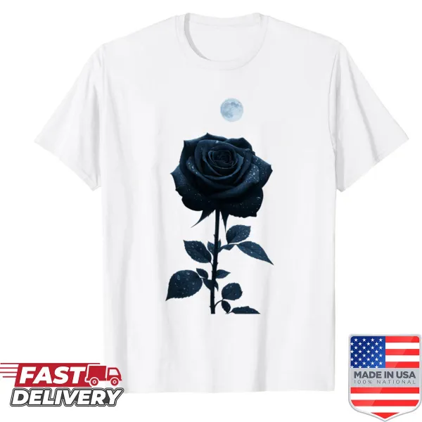 Shirt featuring an illustration of a black rose under the moonlight