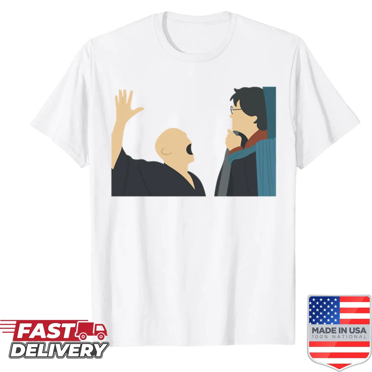 Minimalist illustration of wizards dueling on a shirt
