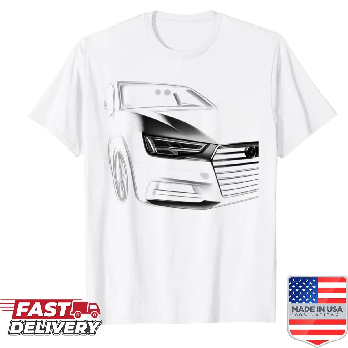 Shirt with a minimalist line-art sketch of a modern car