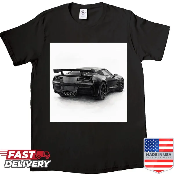 Monochrome sports car illustration on an active shirt
