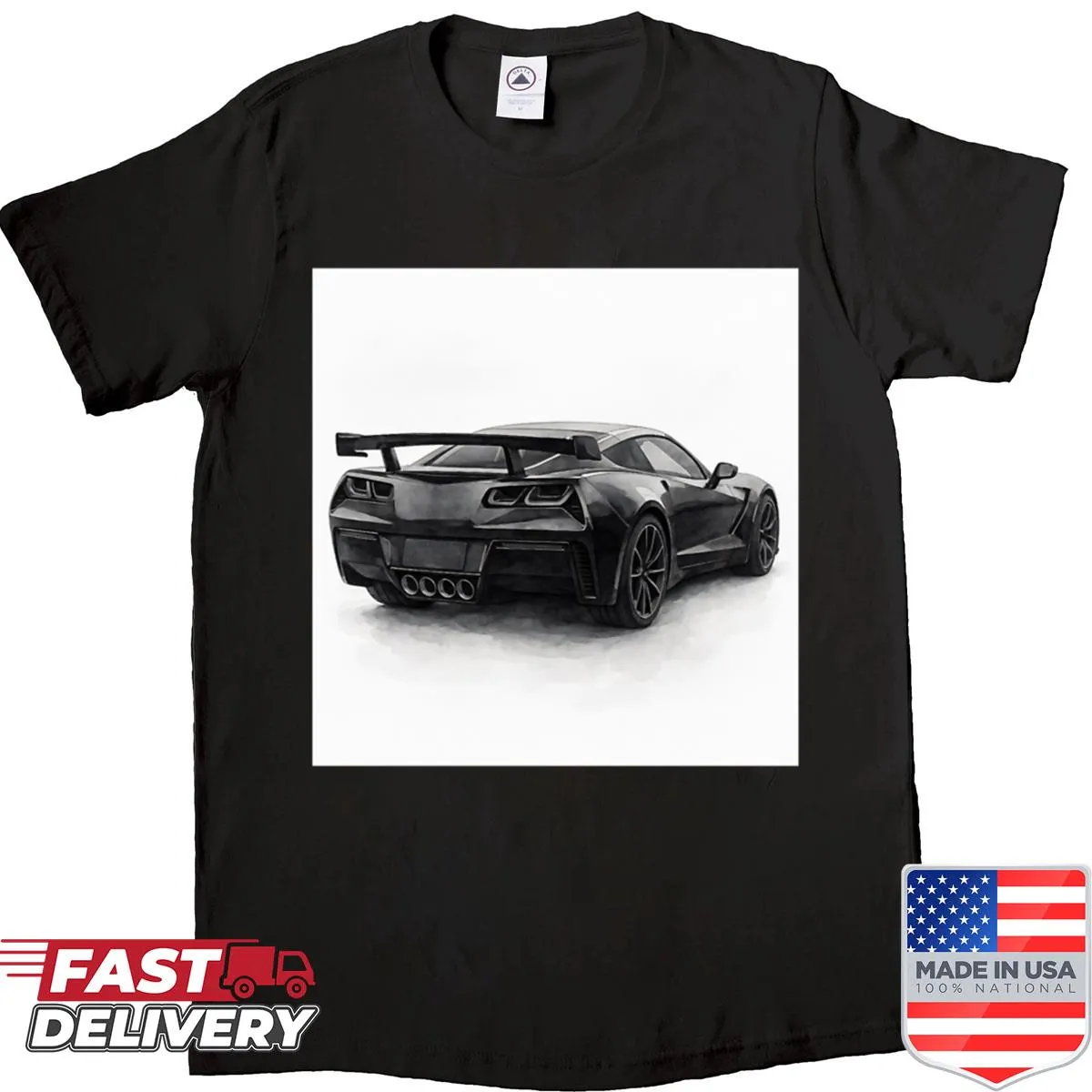 Monochrome sports car illustration on an active shirt