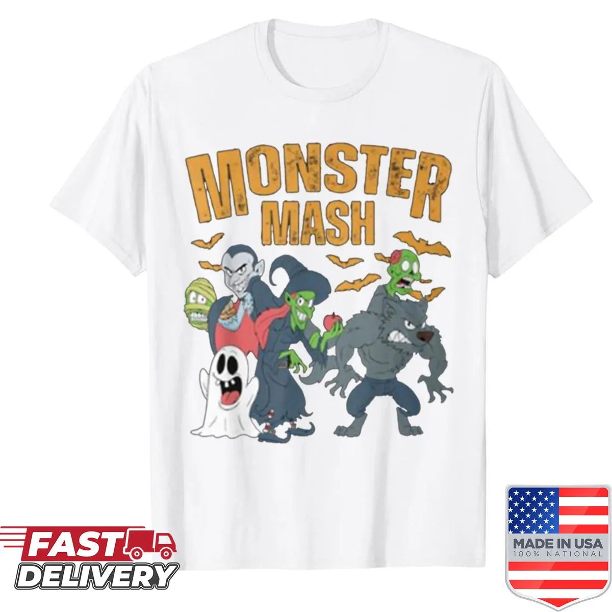 Cartoon monster graphic celebrating the Monster Mash song on a t-shirt