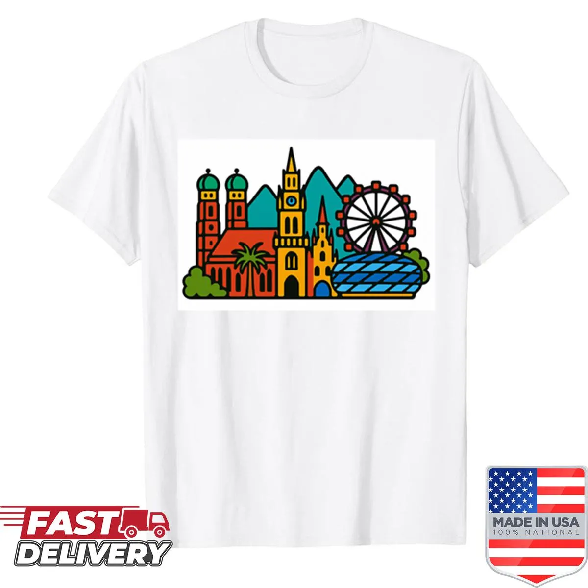 Pop art Munich skyline shirt designed by Fjoris