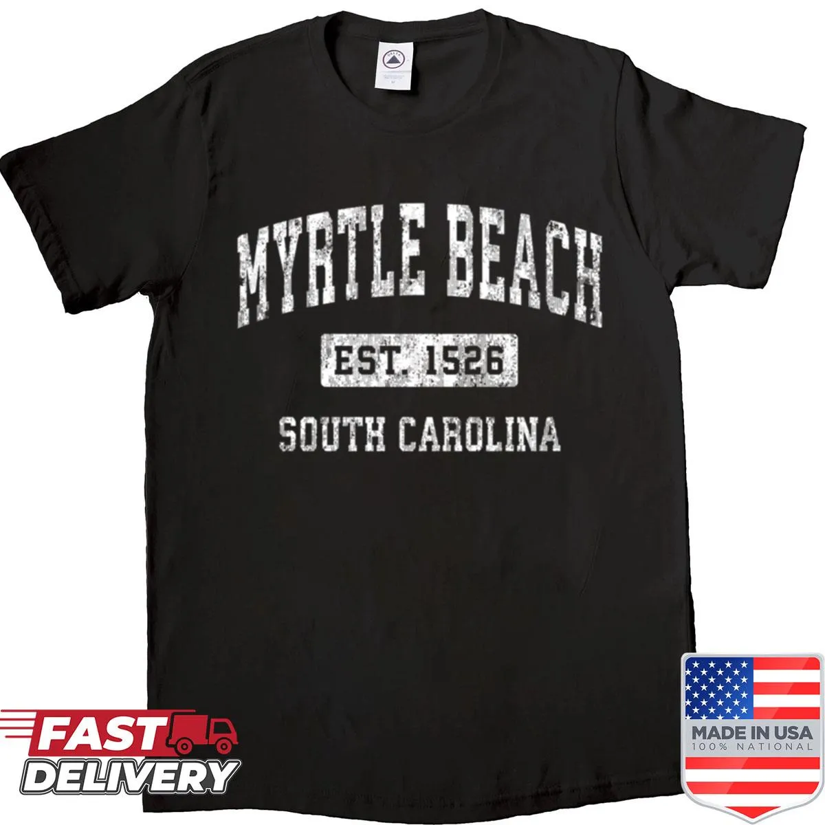 Shirt celebrating Myrtle Beach South Carolina with sporty typography
