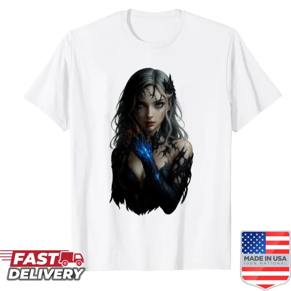 Shirt featuring a fantasy portrait of a sorceress with blue flames